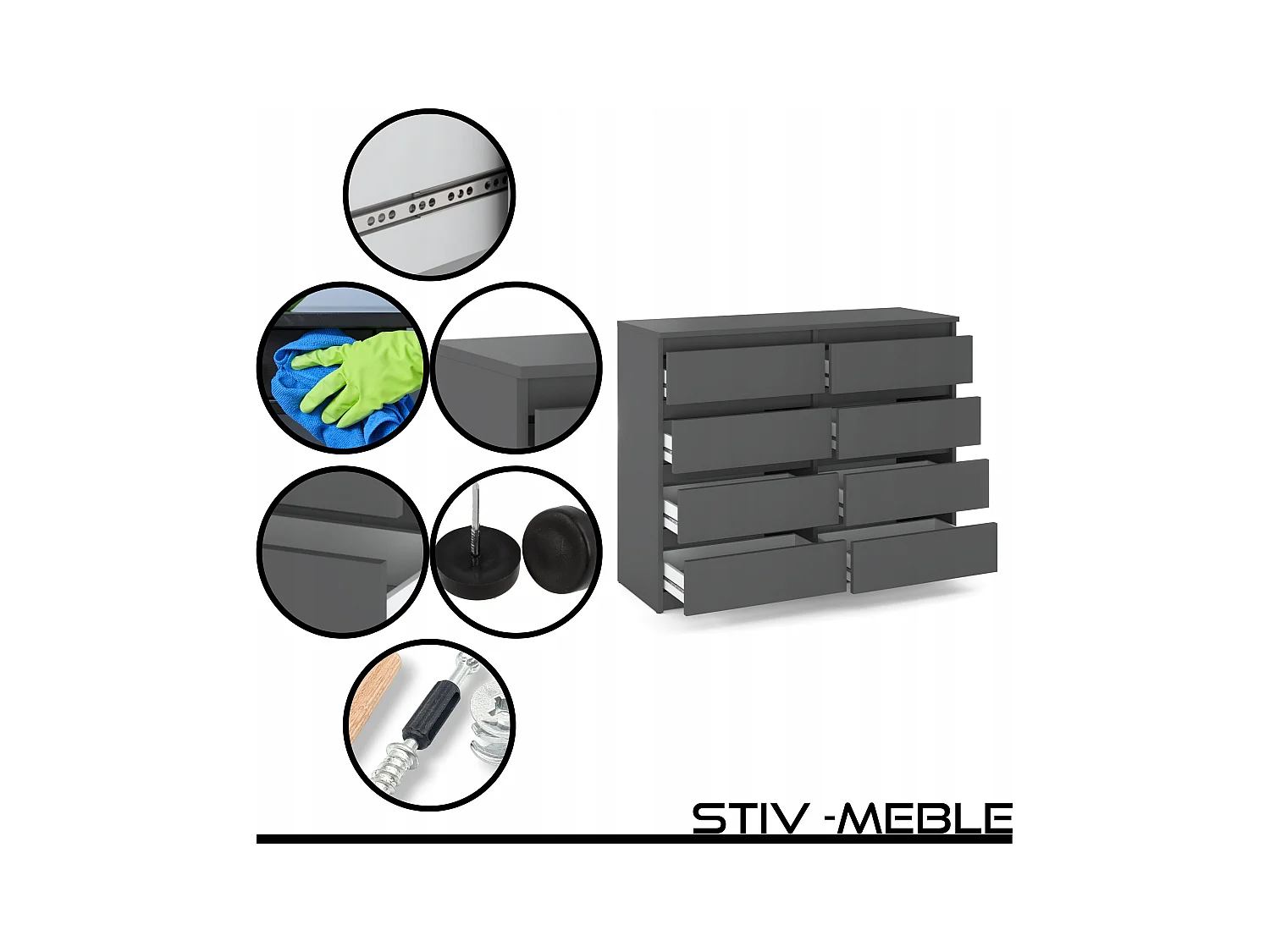 Commode moderne 120 cm gris mat avec 8 tiroirs – Grand meuble de rangement pour salon