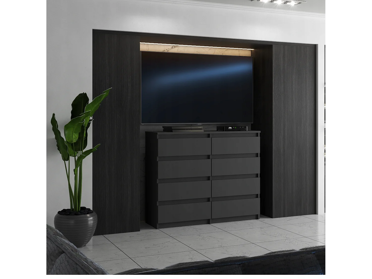 Commode moderne 120 cm gris mat avec 8 tiroirs – Grand meuble de rangement pour salon