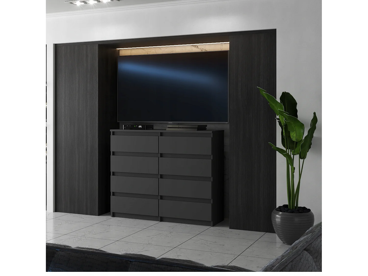 Commode moderne 120 cm gris mat avec 8 tiroirs – Grand meuble de rangement pour salon