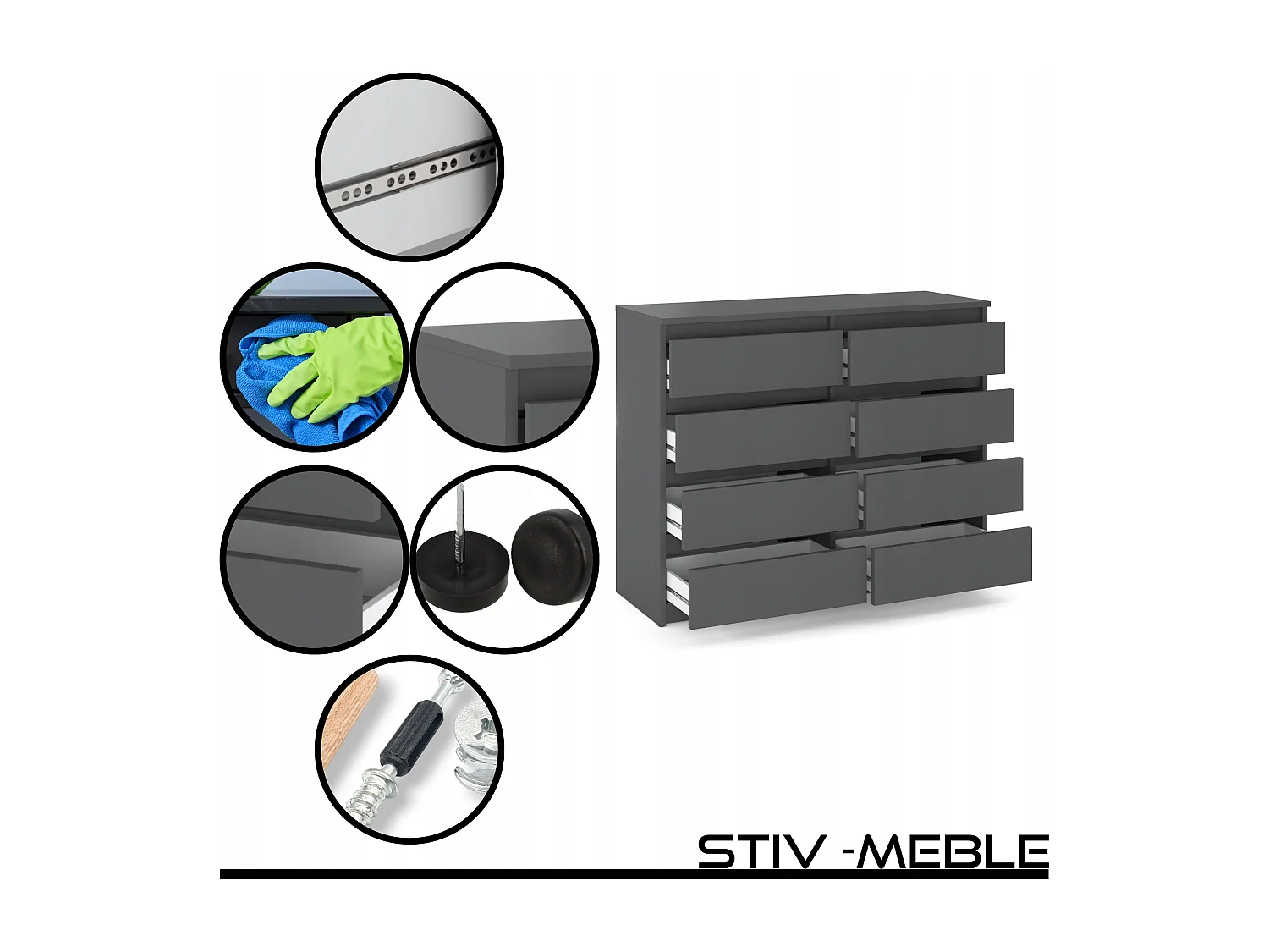 Commode moderne 120 cm gris mat avec 8 tiroirs – Grand meuble de rangement pour salon