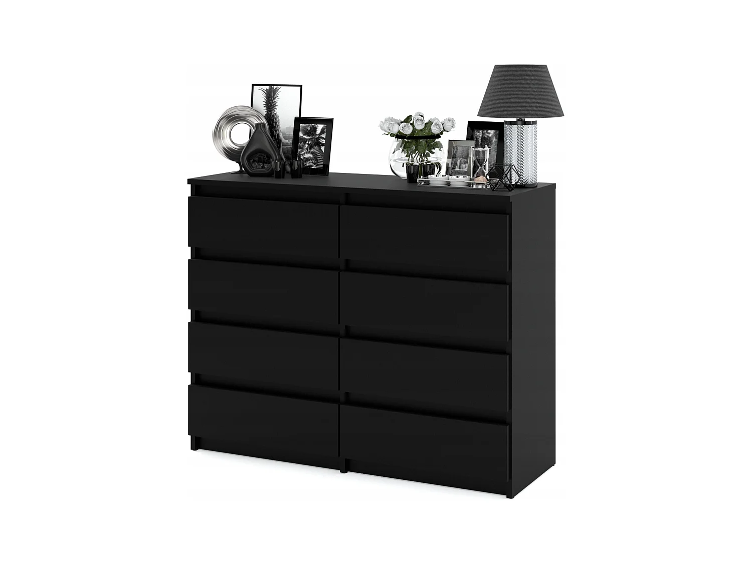 Commode moderne 120 cm Noir mat  – 8 tiroirs, grand meuble de rangement pour salon