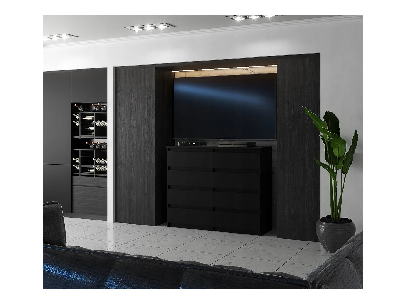 Commode moderne 120 cm Noir mat  – 8 tiroirs, grand meuble de rangement pour salon