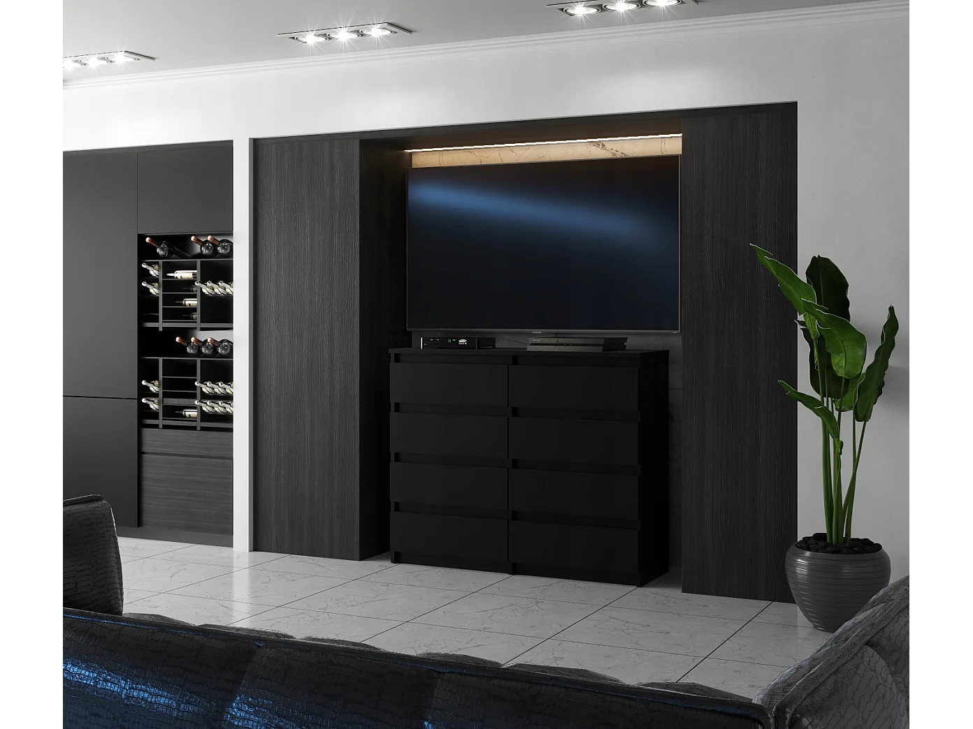 Moderne commode van 120 cm in matzwart – 8 lades, groot opbergmeubel voor de woonkamer