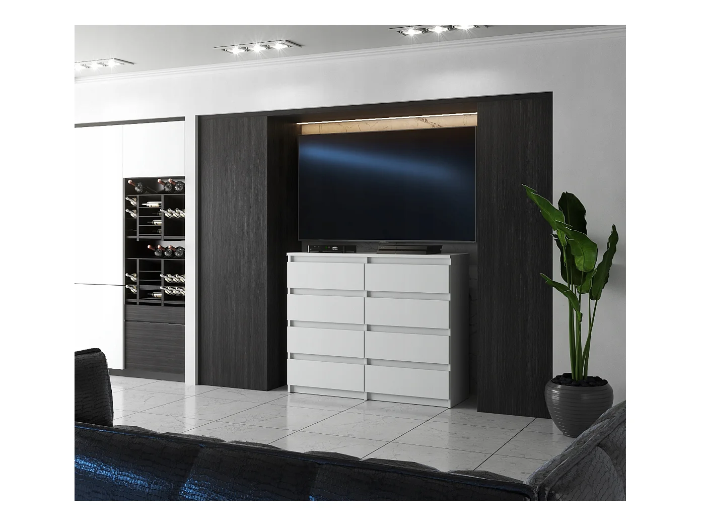 Grande commode blanche mat 120 cm avec 8 tiroirs – Meuble TV moderne pour salon