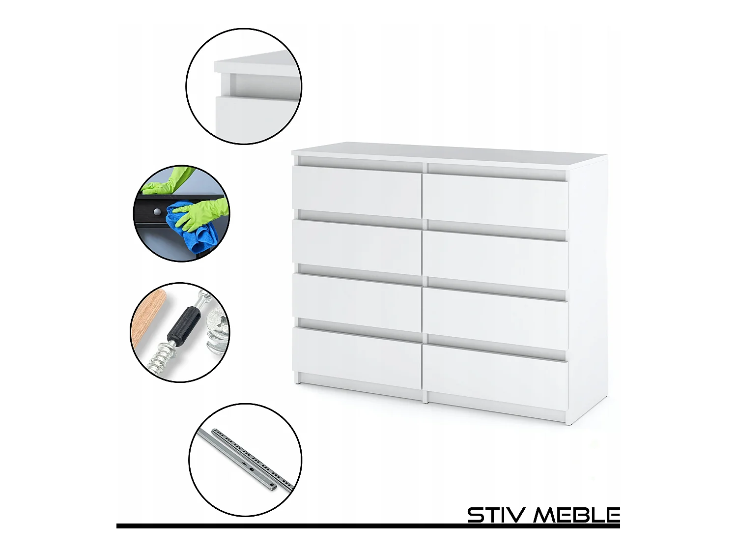 Grande commode blanche mat 120 cm avec 8 tiroirs – Meuble TV moderne pour salon