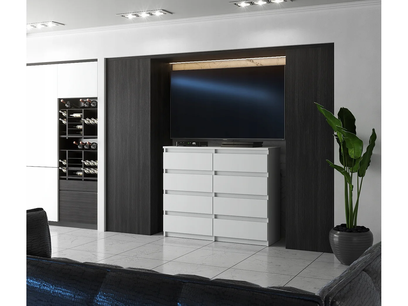 Grote matwitte commode van 120 cm met 8 lades – Modern tv-meubel voor de woonkamer