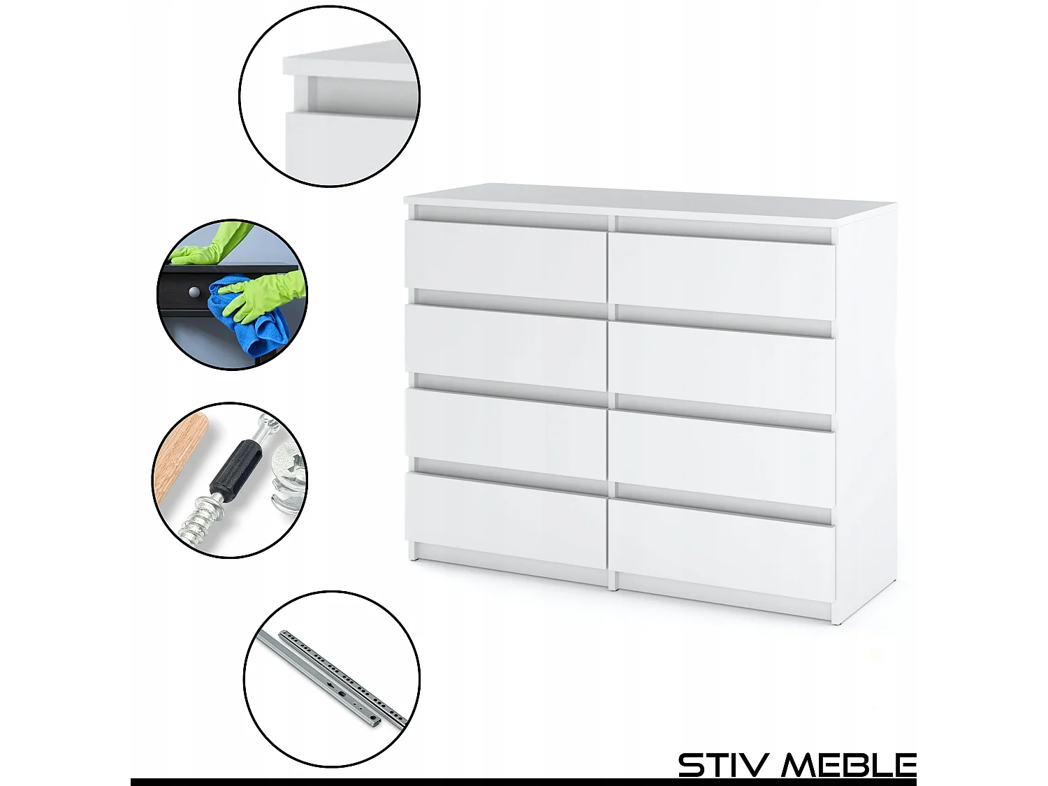 Grote matwitte commode van 120 cm met 8 lades – Modern tv-meubel voor de woonkamer