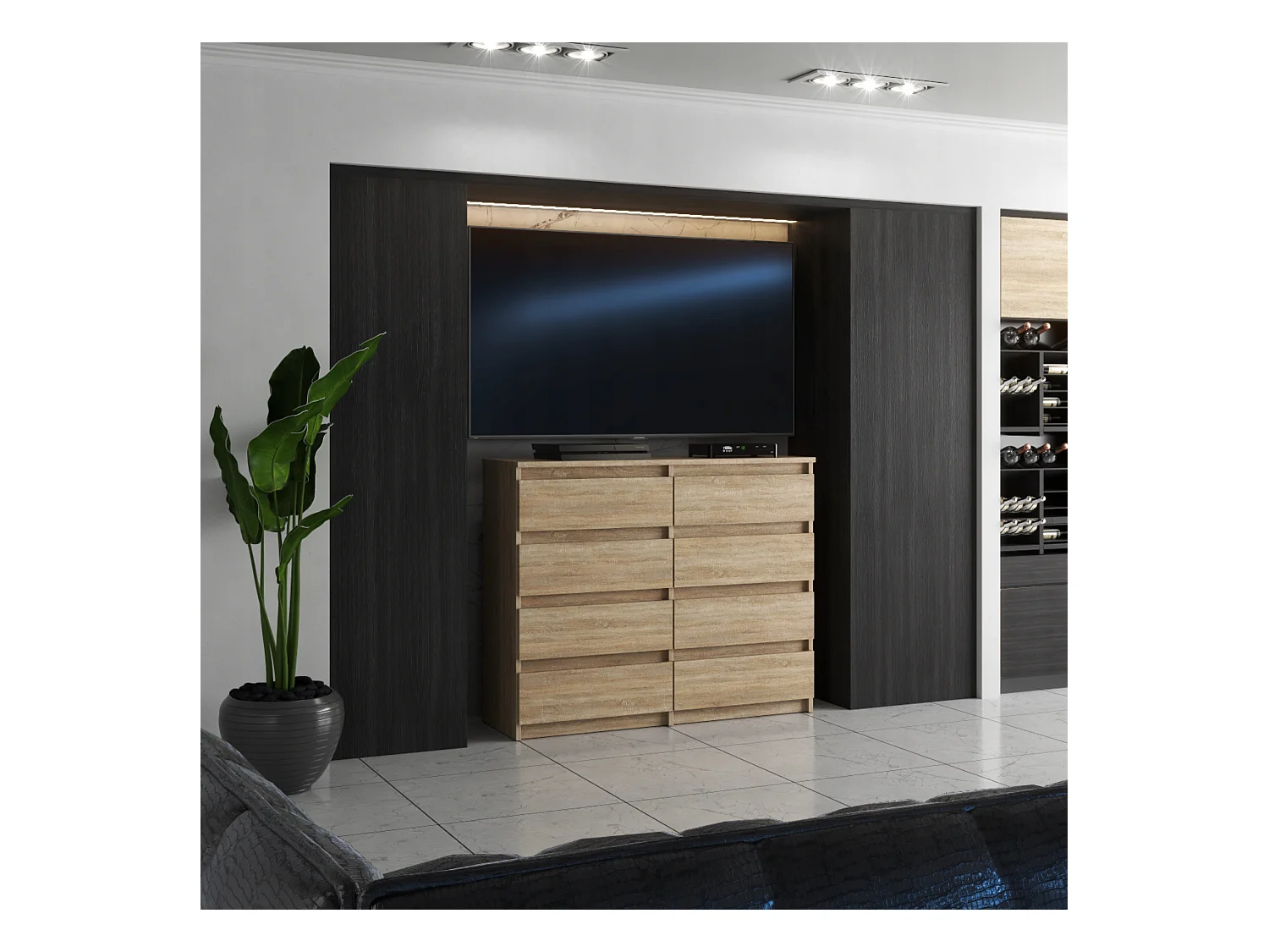 Commode moderne 120 cm Chêne Sonoma  avec 8 tiroirs – Grand meuble de rangement pour salon