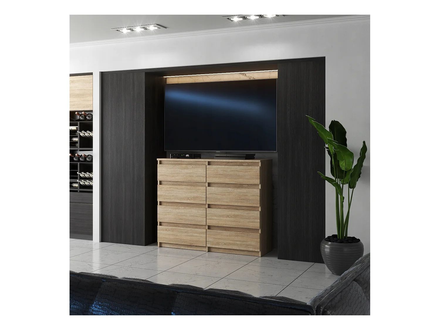 Commode moderne 120 cm Chêne Sonoma  avec 8 tiroirs – Grand meuble de rangement pour salon