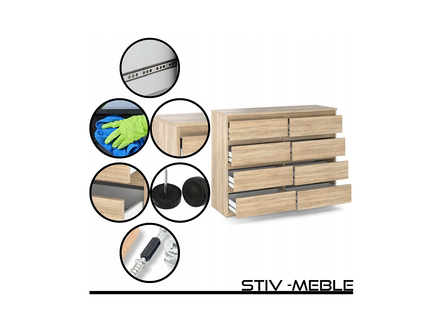 Commode moderne 120 cm Chêne Sonoma  avec 8 tiroirs – Grand meuble de rangement pour salon