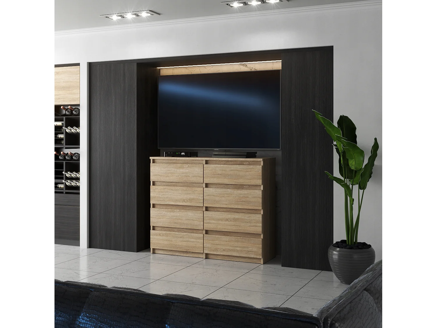 Commode moderne 120 cm Chêne Sonoma  avec 8 tiroirs – Grand meuble de rangement pour salon