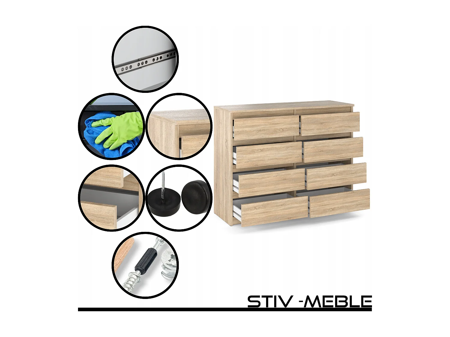 Moderne commode van 120 cm in Sonoma eiken met 8 lades – Groot opbergmeubel voor de woonkamer