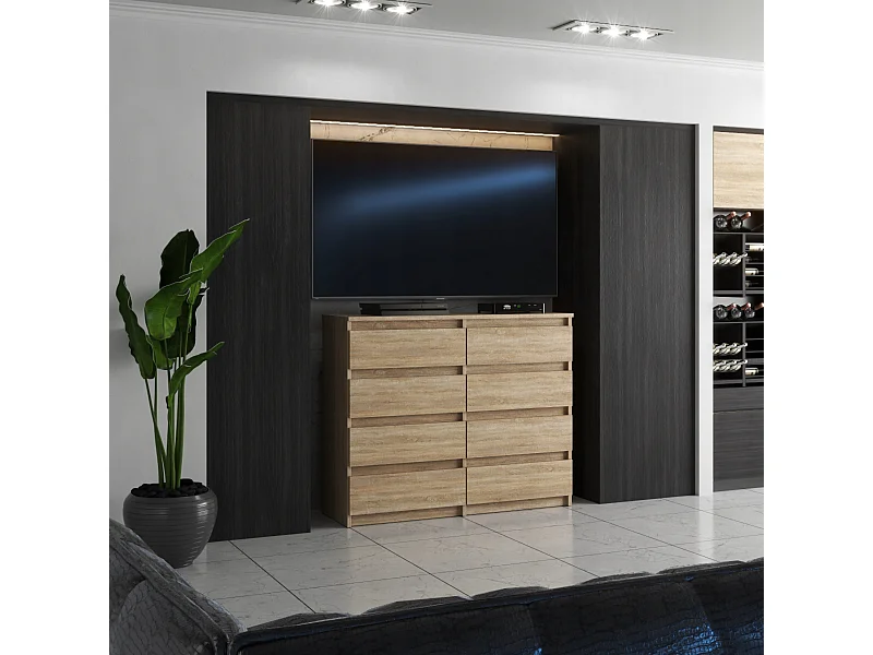 Commode moderne 120 cm Chêne Sonoma  avec 8 tiroirs – Grand meuble de rangement pour salon