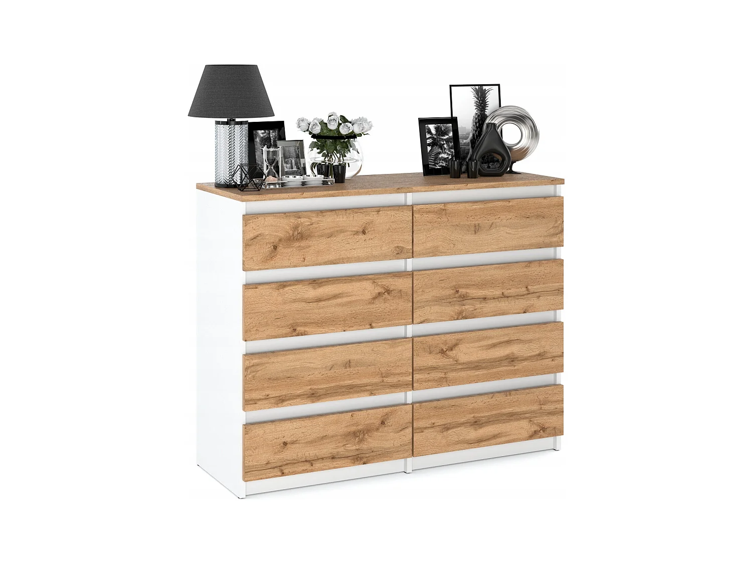 Commode Blanc & Chêne Wotan à 8 Tiroirs 120 cm – Glissières à Billes – Grand Meuble TV pour Salon