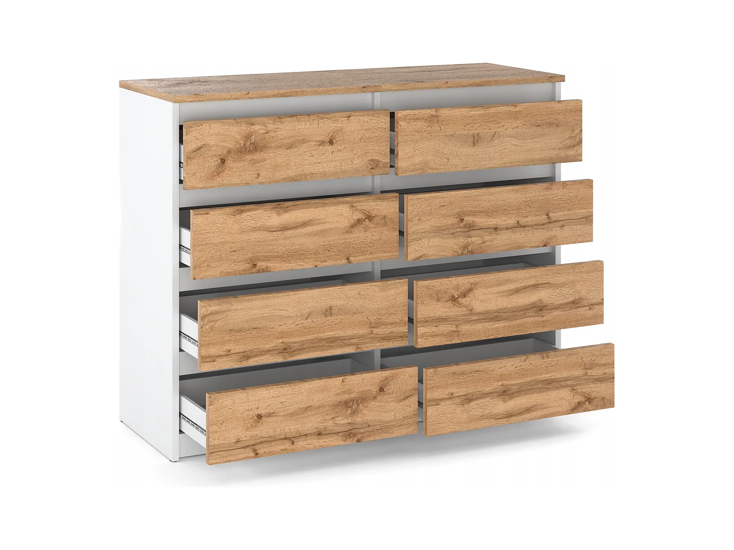 Commode Blanc & Chêne Wotan à 8 Tiroirs 120 cm – Glissières à Billes – Grand Meuble TV pour Salon