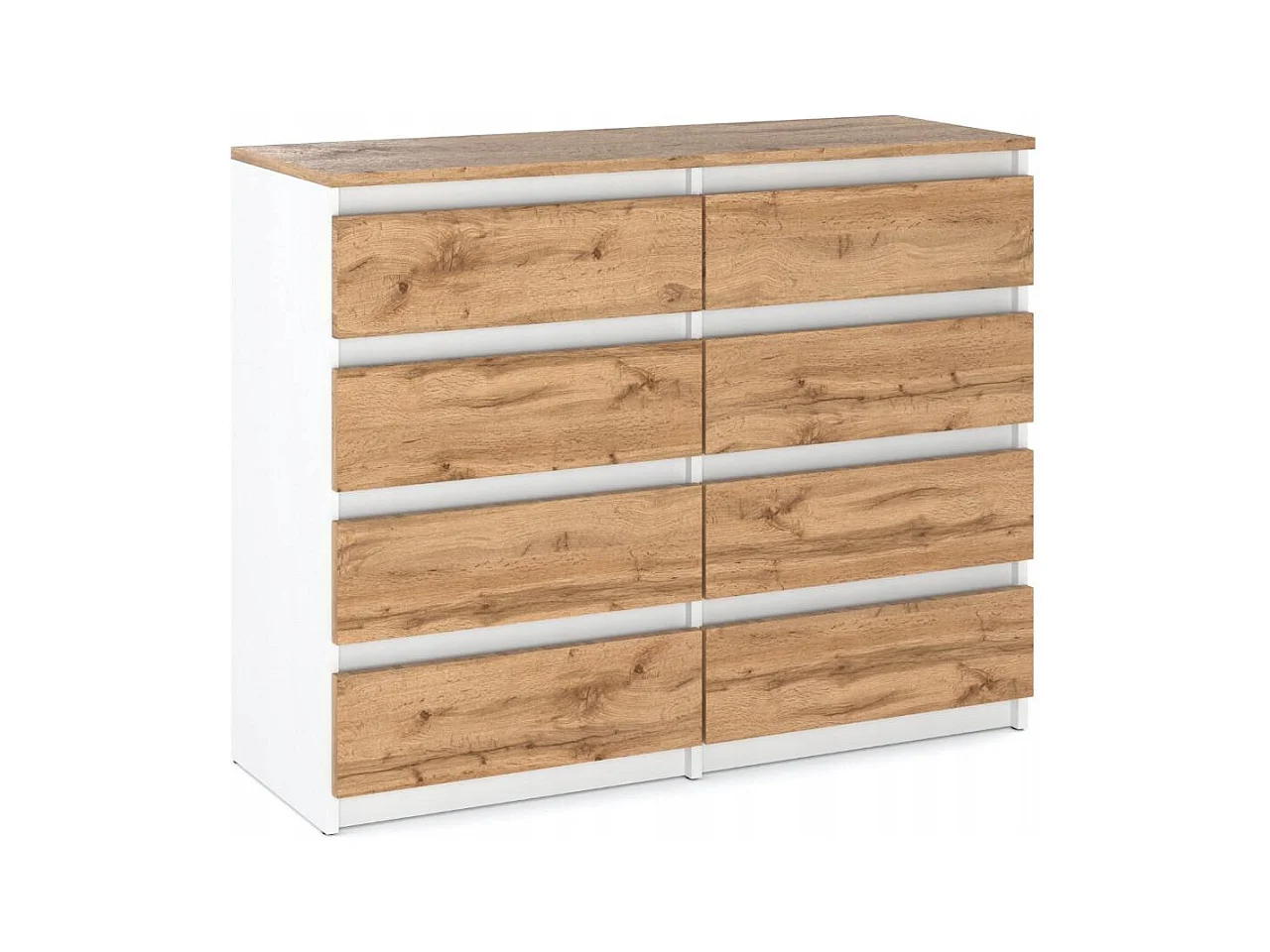 Commode Blanc & Chêne Wotan à 8 Tiroirs 120 cm – Glissières à Billes – Grand Meuble TV pour Salon