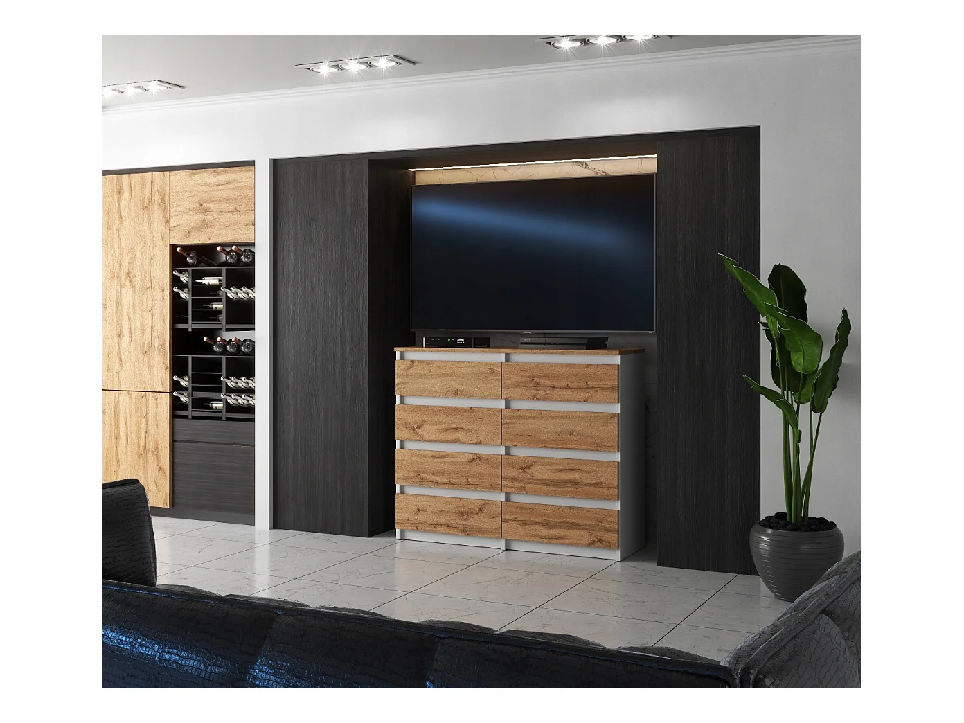 Commode Blanc & Chêne Wotan à 8 Tiroirs 120 cm – Glissières à Billes – Grand Meuble TV pour Salon