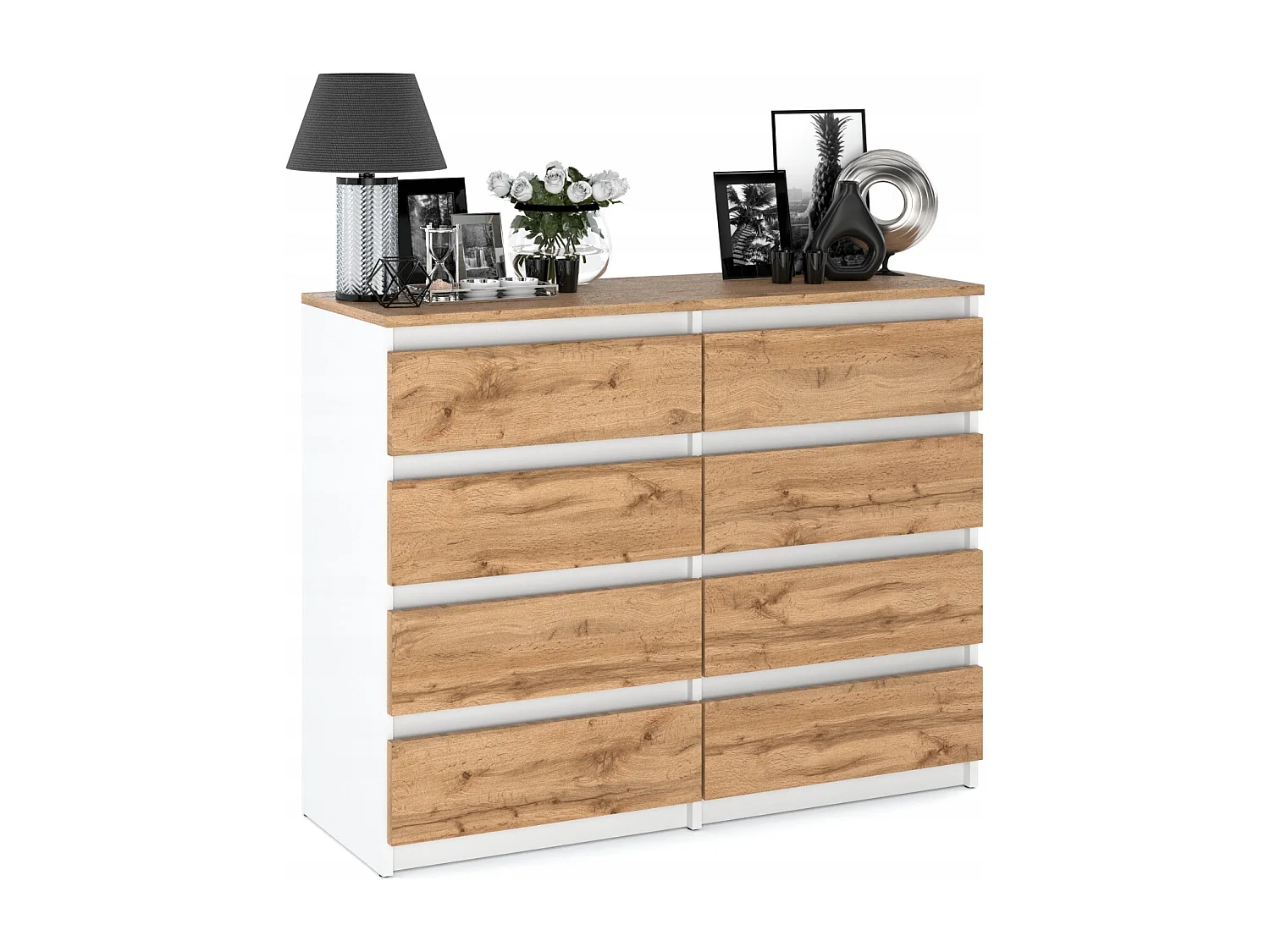 Commode Blanc & Chêne Wotan à 8 Tiroirs 120 cm – Glissières à Billes – Grand Meuble TV pour Salon