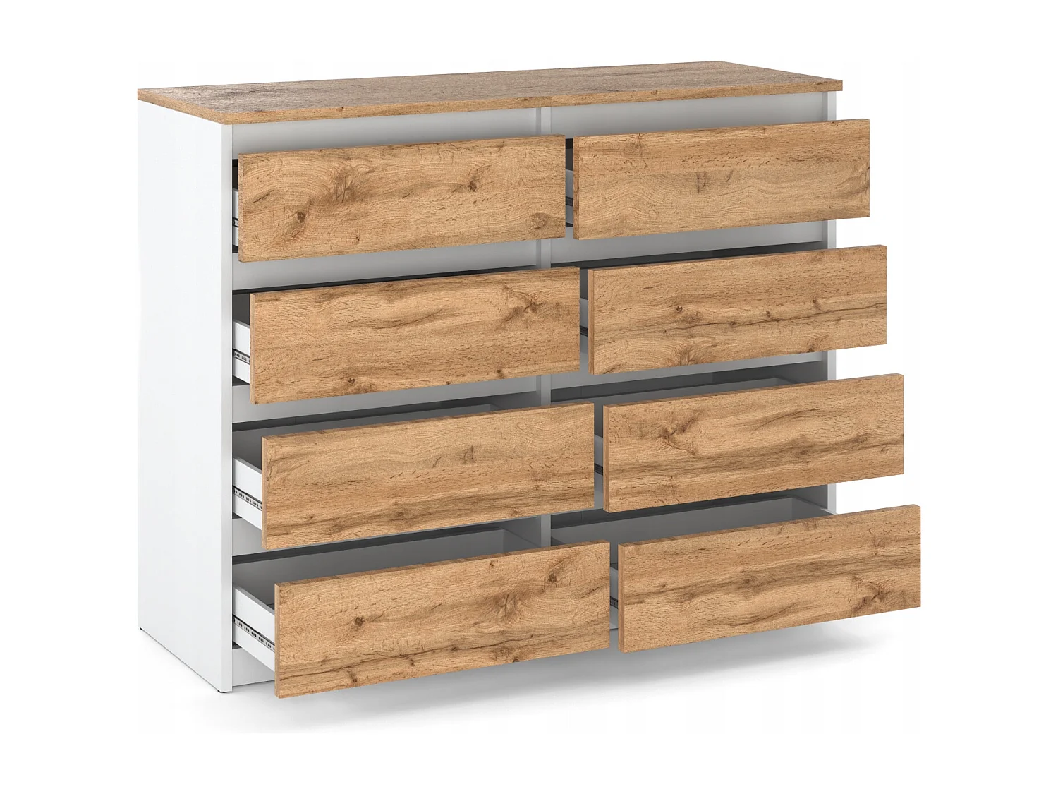 Commode Blanc & Chêne Wotan à 8 Tiroirs 120 cm – Glissières à Billes – Grand Meuble TV pour Salon