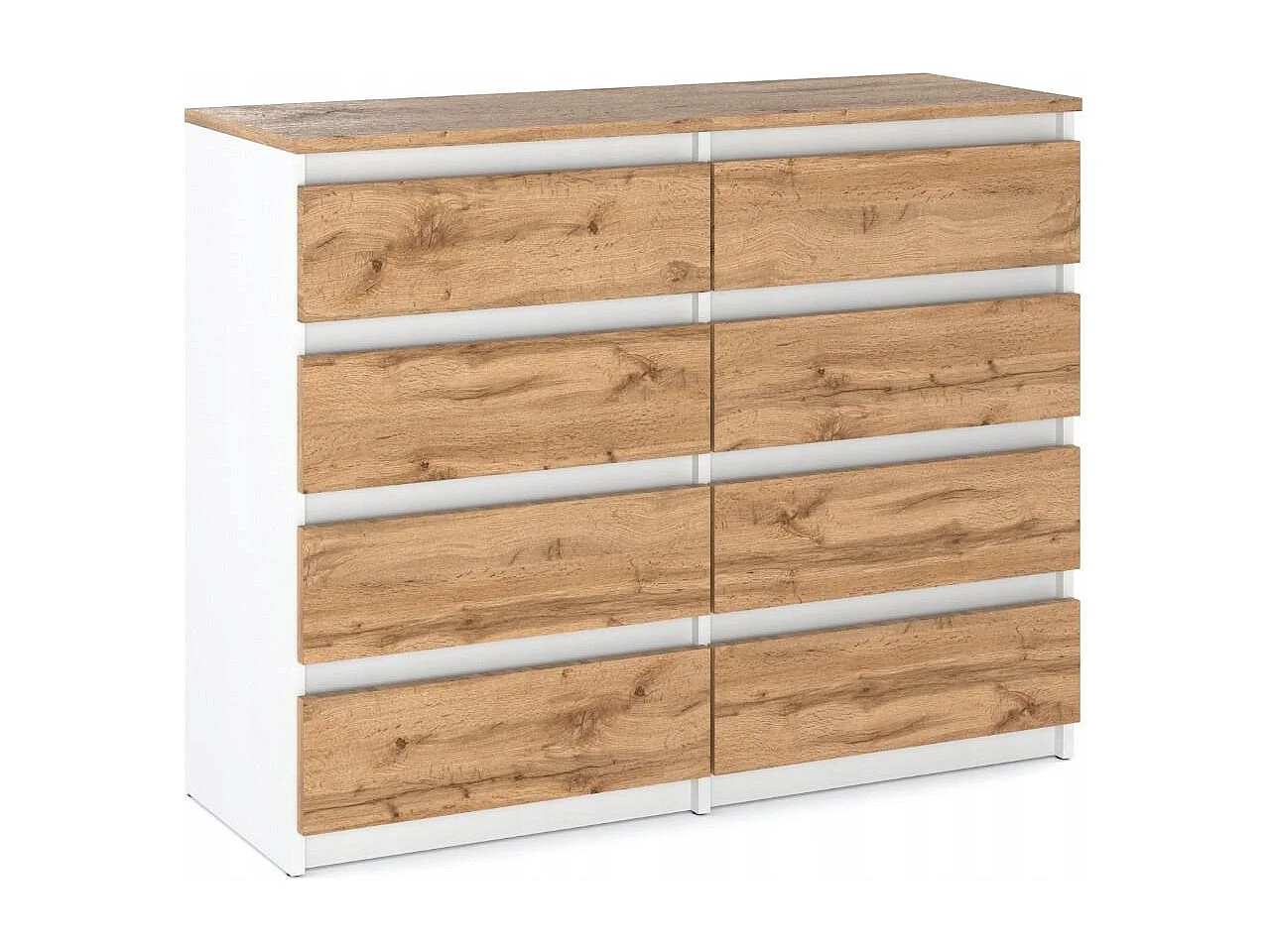 Commode Blanc & Chêne Wotan à 8 Tiroirs 120 cm – Glissières à Billes – Grand Meuble TV pour Salon