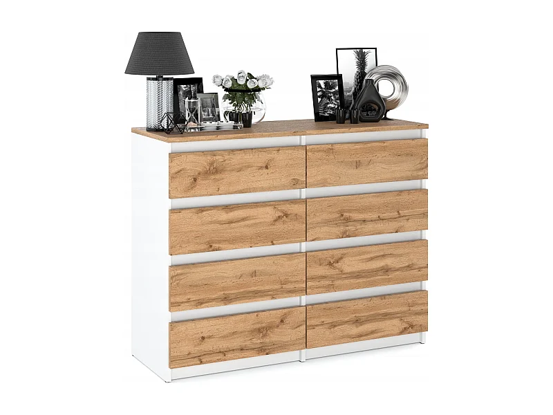 Commode Blanc & Chêne Wotan à 8 Tiroirs 120 cm – Glissières à Billes – Grand Meuble TV pour Salon