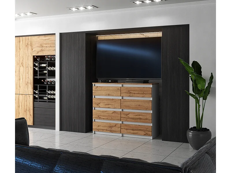 Witte en Wotan eiken commode met 8 lades van 120 cm – Kogelgeleiders – Groot tv-meubel voor de woonkamer