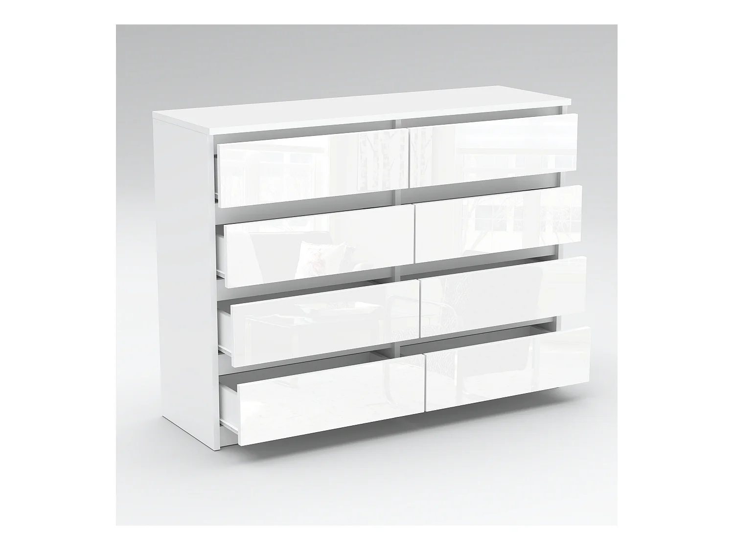 Grande commode blanche laquée 120 cm avec 8 tiroirs – Meuble TV moderne pour salon