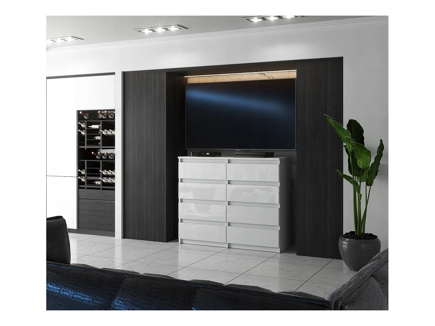 Grande commode blanche laquée 120 cm avec 8 tiroirs – Meuble TV moderne pour salon