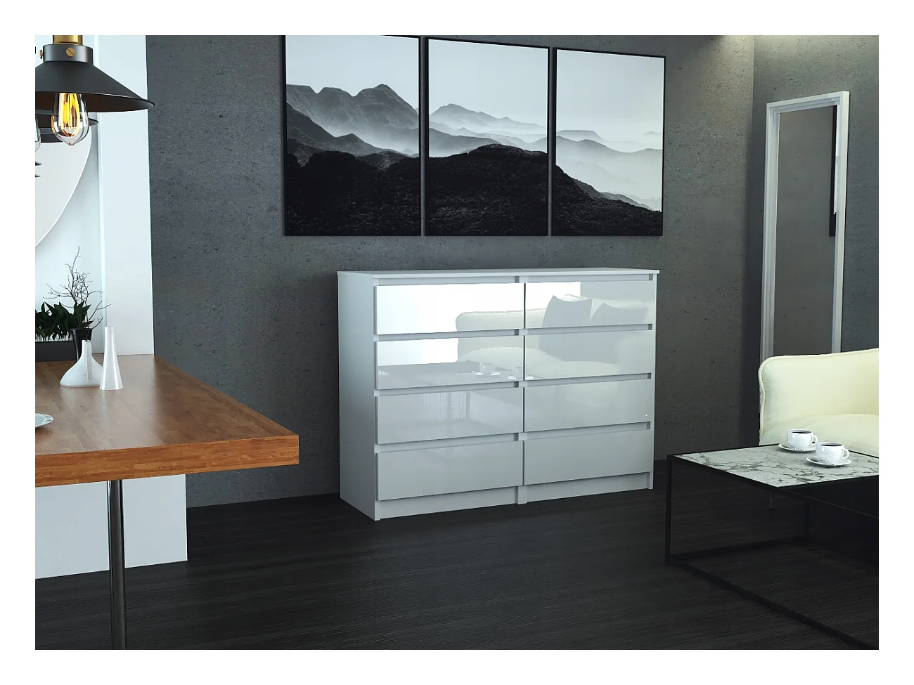 Grande commode blanche laquée 120 cm avec 8 tiroirs – Meuble TV moderne pour salon