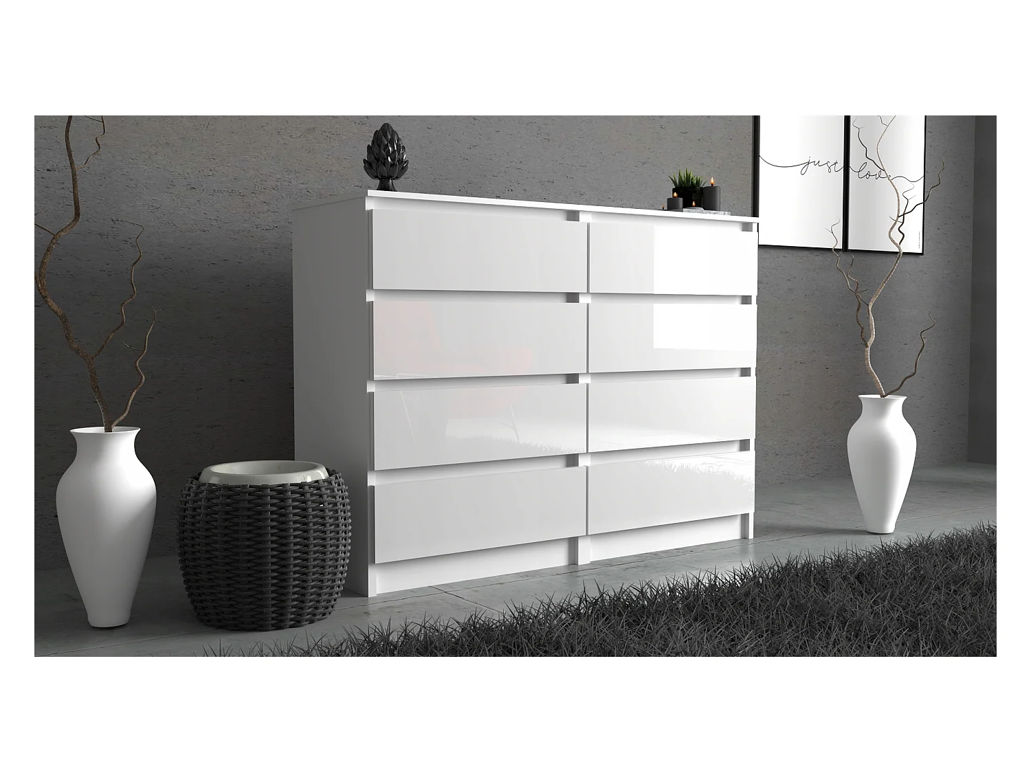 Grande commode blanche laquée 120 cm avec 8 tiroirs – Meuble TV moderne pour salon