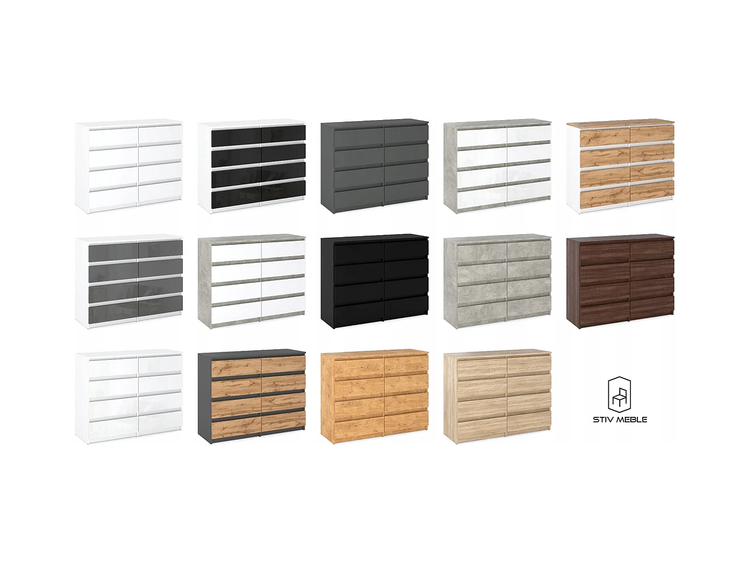 Grande commode blanche laquée 120 cm avec 8 tiroirs – Meuble TV moderne pour salon