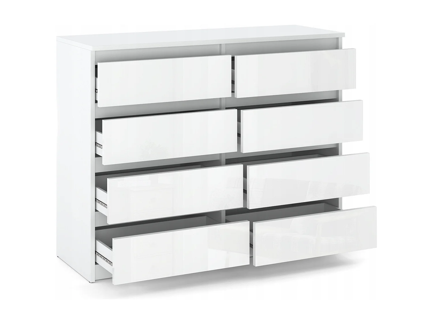 Grande commode blanche laquée 120 cm avec 8 tiroirs – Meuble TV moderne pour salon