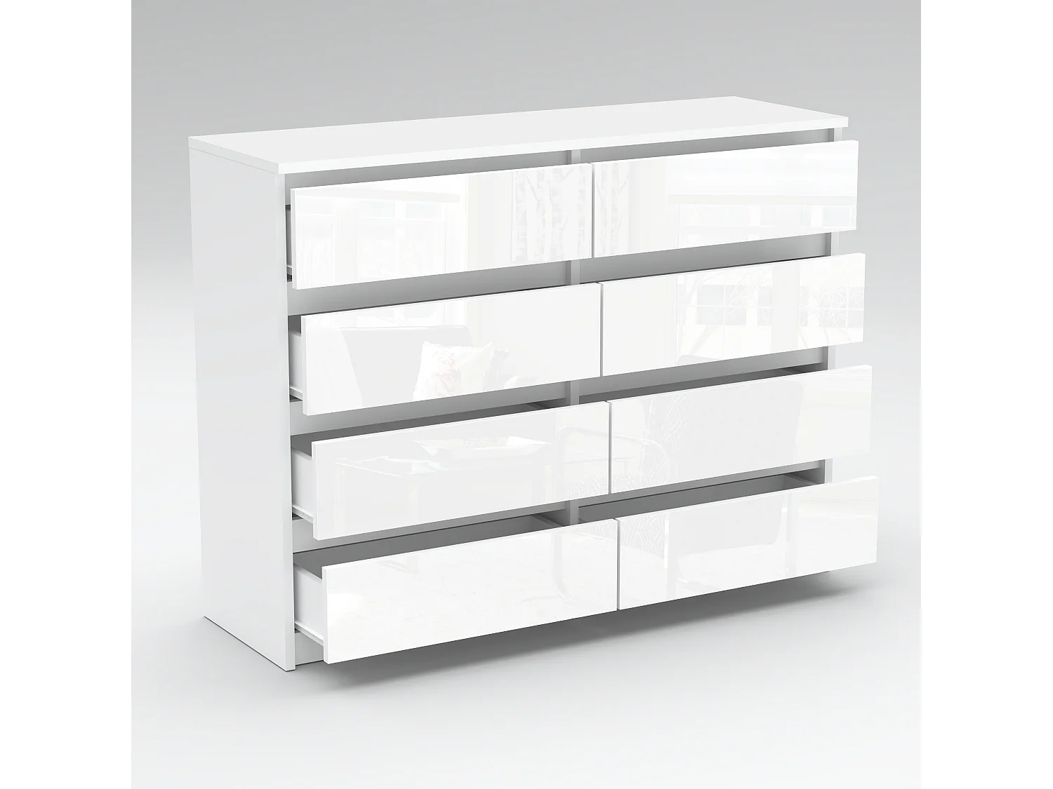 Grande commode blanche laquée 120 cm avec 8 tiroirs – Meuble TV moderne pour salon