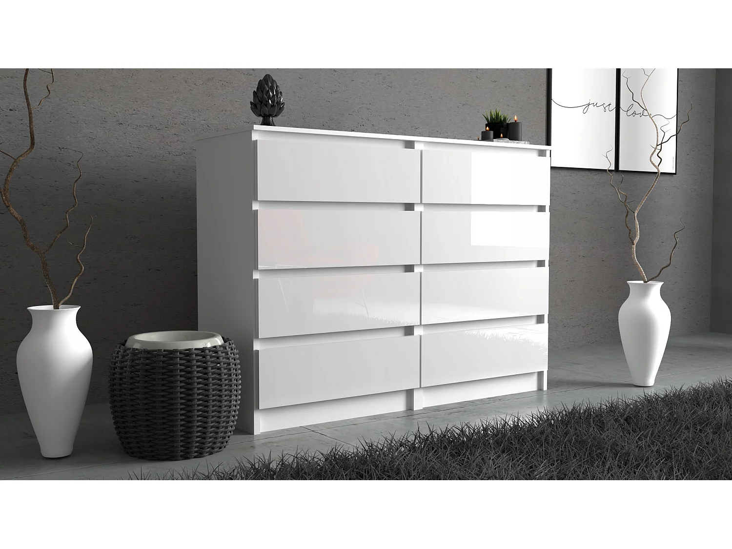 Grote witte gelakte commode van 120 cm met 8 lades – Modern tv-meubel voor de woonkamer