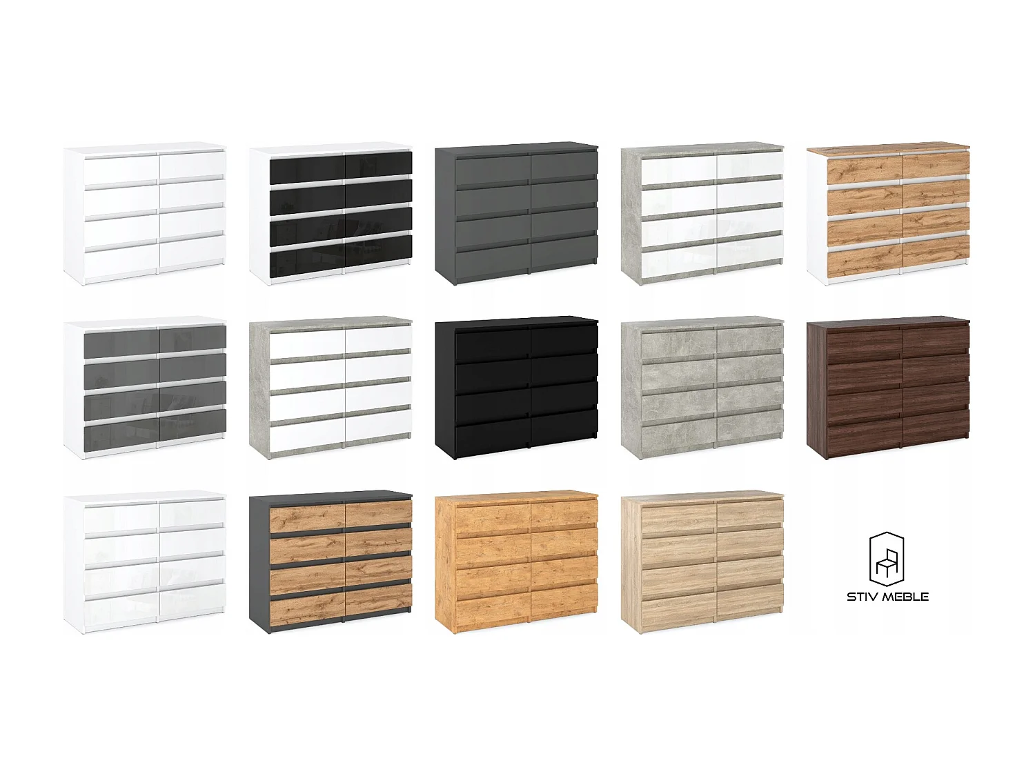 Grote witte gelakte commode van 120 cm met 8 lades – Modern tv-meubel voor de woonkamer