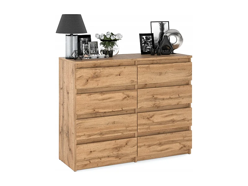 Commode moderne 120 cm Chêne Wotan avec 8 tiroirs – Grand meuble de rangement pour salon