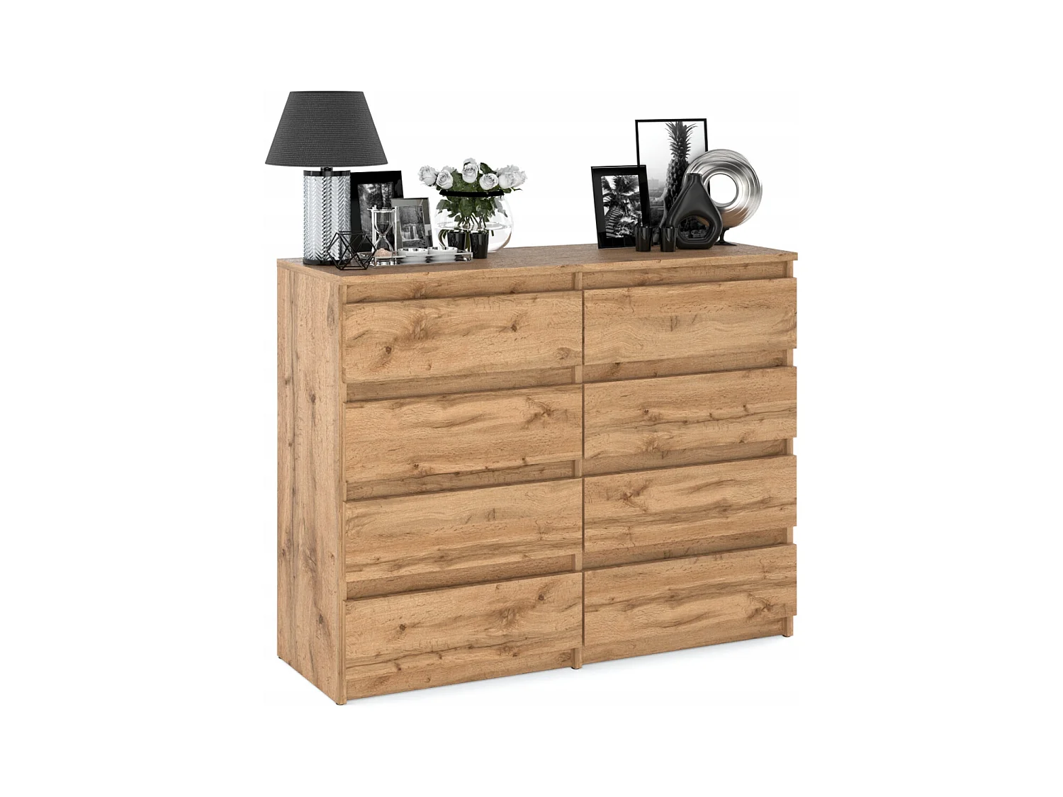 Commode moderne 120 cm Chêne Wotan avec 8 tiroirs – Grand meuble de rangement pour salon