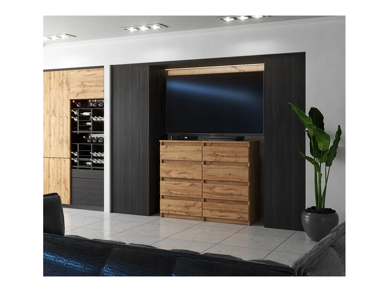 Commode moderne 120 cm Chêne Wotan avec 8 tiroirs – Grand meuble de rangement pour salon