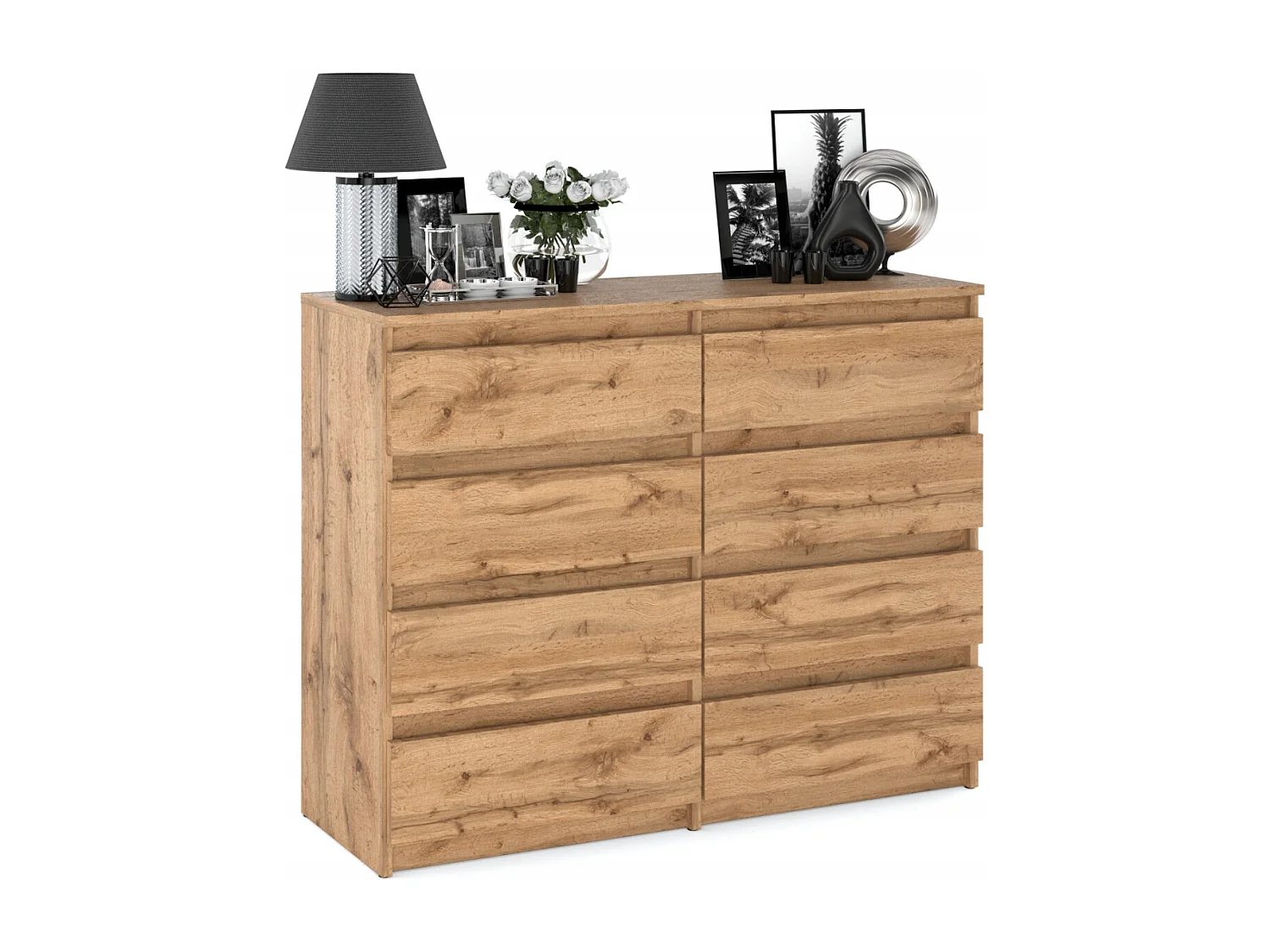 Commode moderne 120 cm Chêne Wotan avec 8 tiroirs – Grand meuble de rangement pour salon