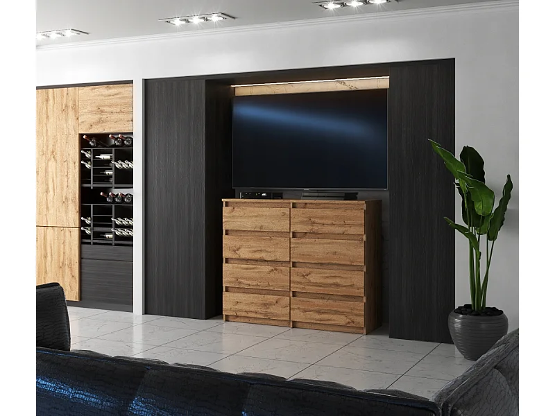 Commode moderne 120 cm Chêne Wotan avec 8 tiroirs – Grand meuble de rangement pour salon