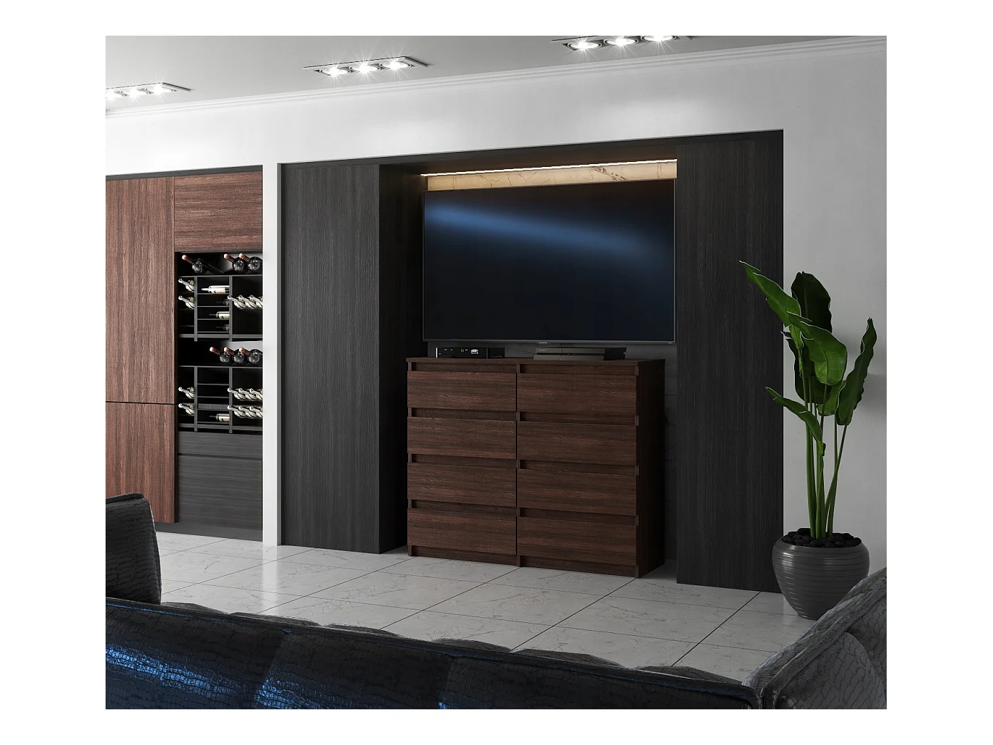 Grande Commode moderne 120 cm Chêne Wenge avec 8 tiroirs – Grand meuble de rangement pour salon