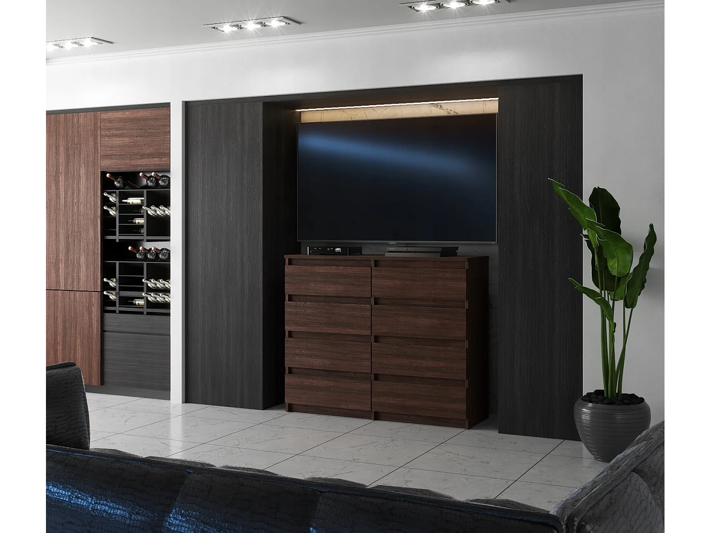 Grande Commode moderne 120 cm Chêne Wenge avec 8 tiroirs – Grand meuble de rangement pour salon