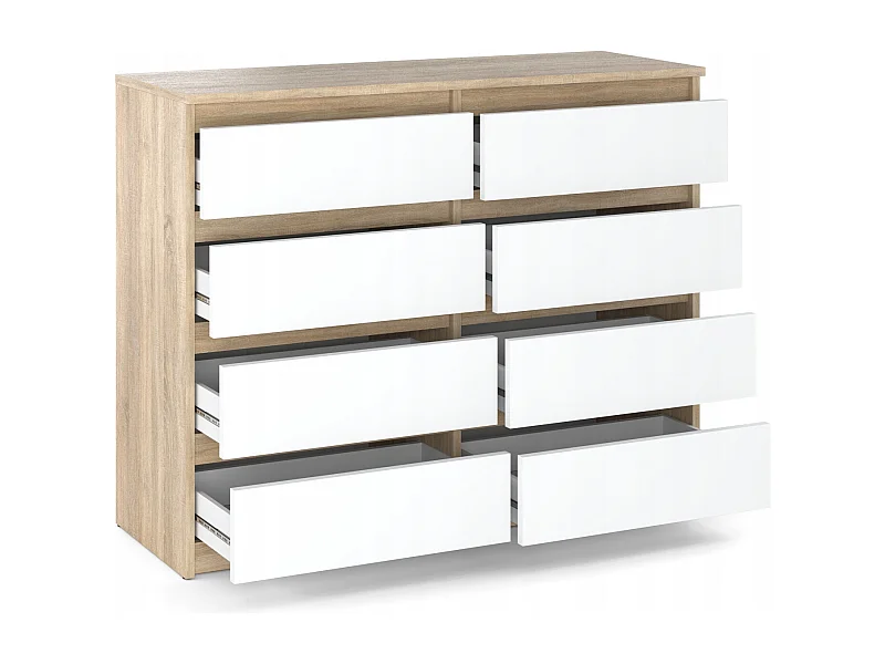 Commode moderne 120 cm Chêne Sonoma Blanc  avec 8 tiroirs – Grand meuble de rangement pour salon