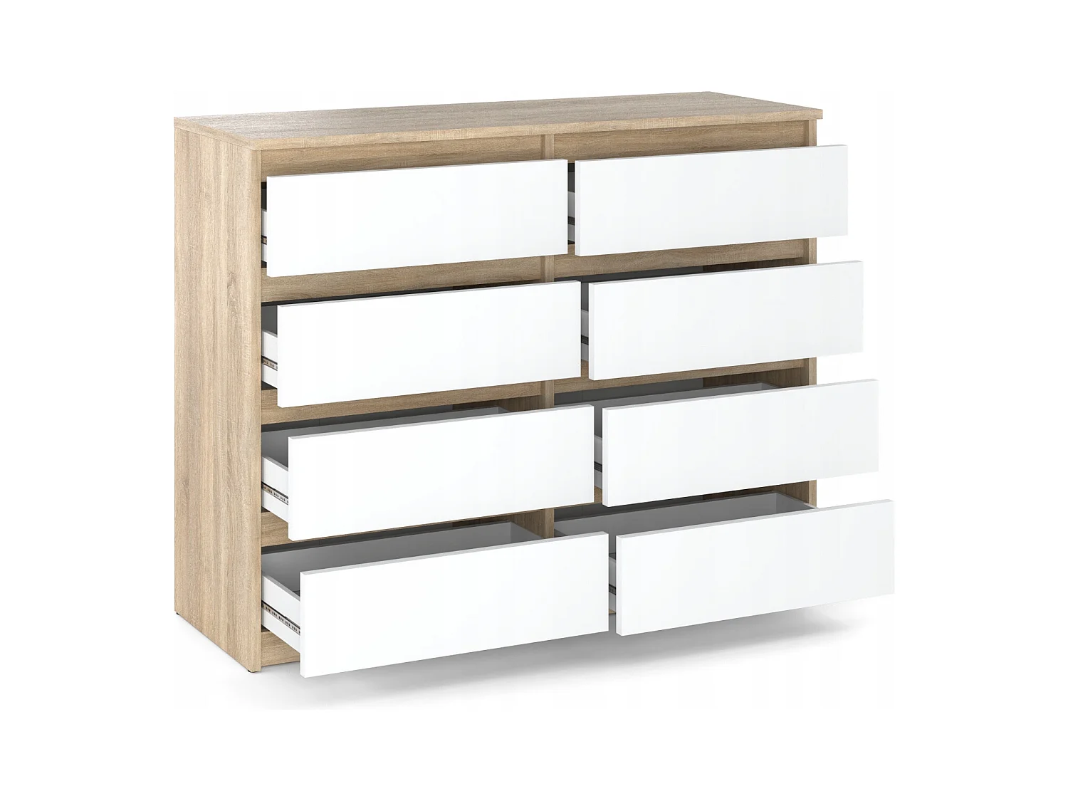 Commode moderne 120 cm Chêne Sonoma Blanc  avec 8 tiroirs – Grand meuble de rangement pour salon