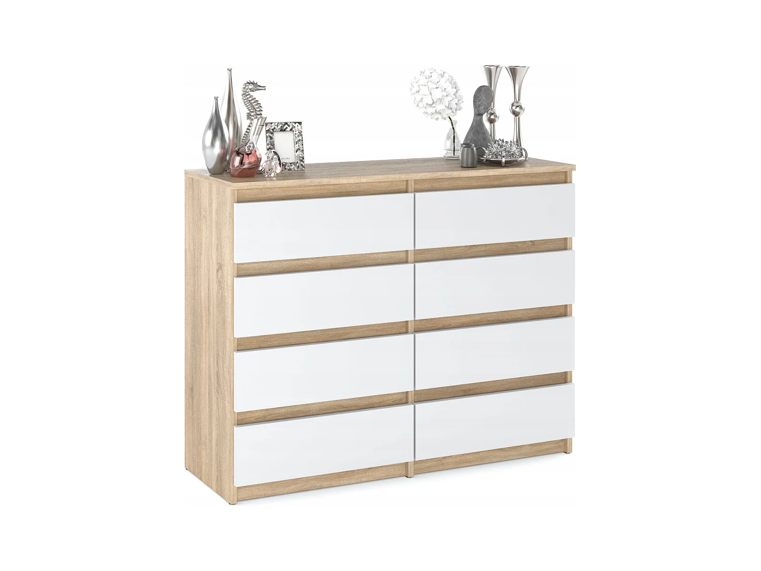 Commode moderne 120 cm Chêne Sonoma Blanc  avec 8 tiroirs – Grand meuble de rangement pour salon