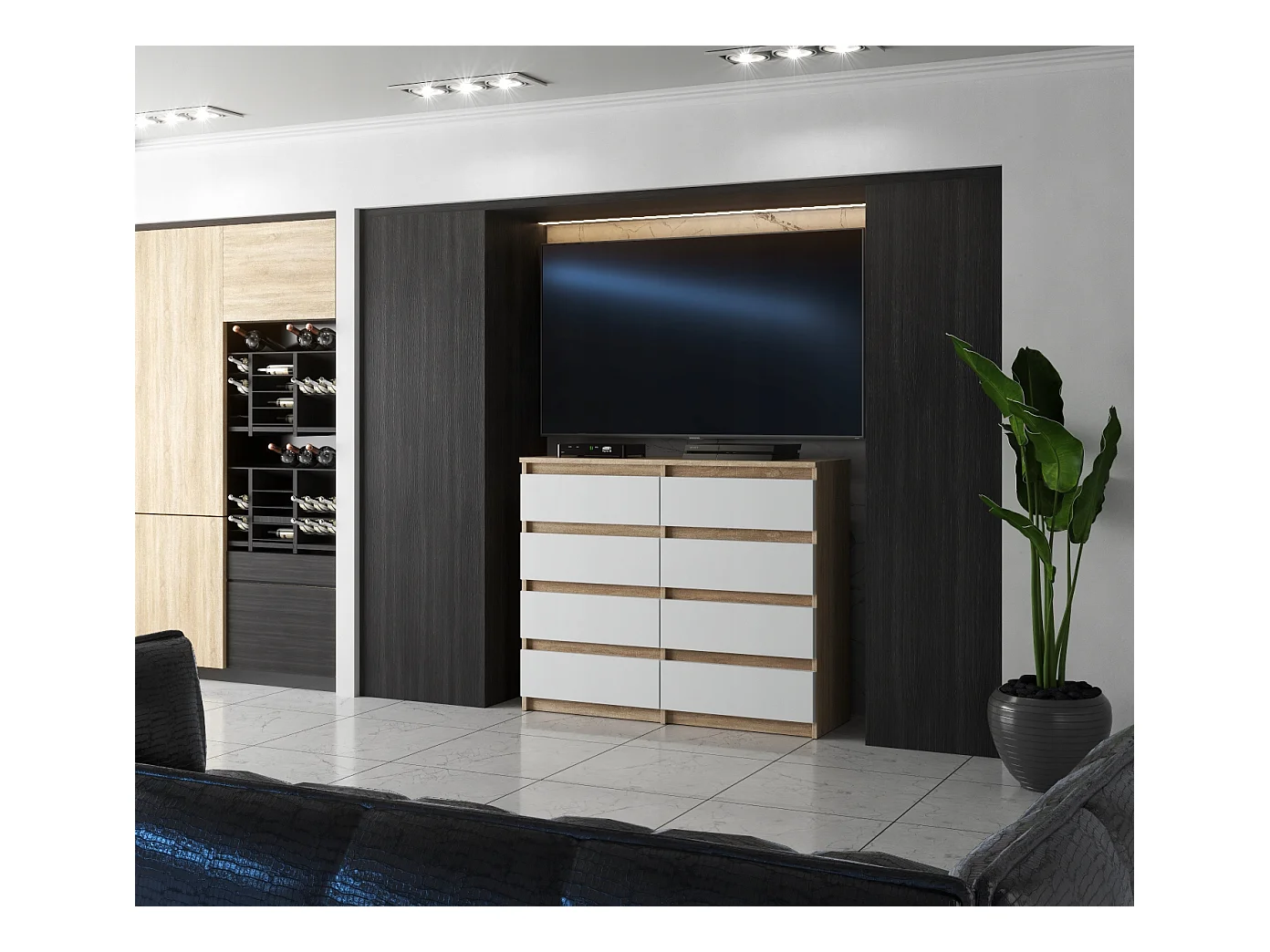 Commode moderne 120 cm Chêne Sonoma Blanc  avec 8 tiroirs – Grand meuble de rangement pour salon