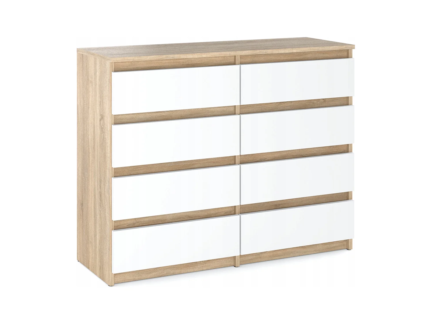 Commode moderne 120 cm Chêne Sonoma Blanc  avec 8 tiroirs – Grand meuble de rangement pour salon