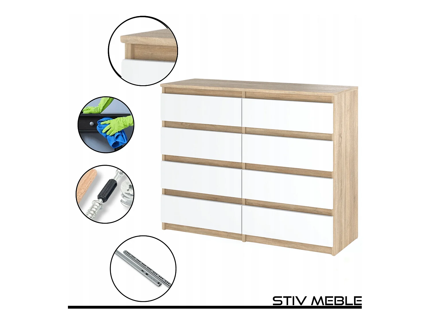 Commode moderne 120 cm Chêne Sonoma Blanc  avec 8 tiroirs – Grand meuble de rangement pour salon