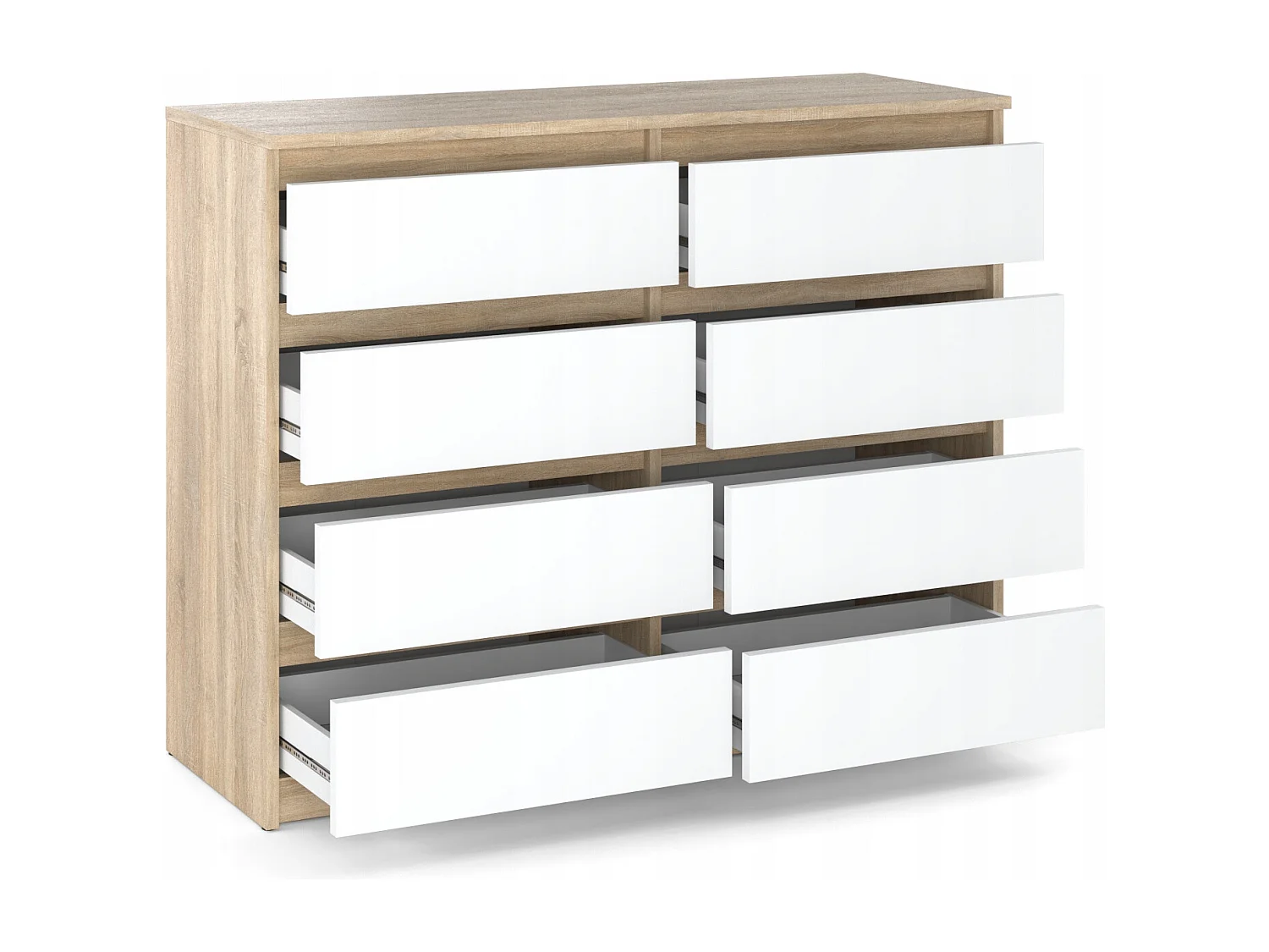 Commode moderne 120 cm Chêne Sonoma Blanc  avec 8 tiroirs – Grand meuble de rangement pour salon