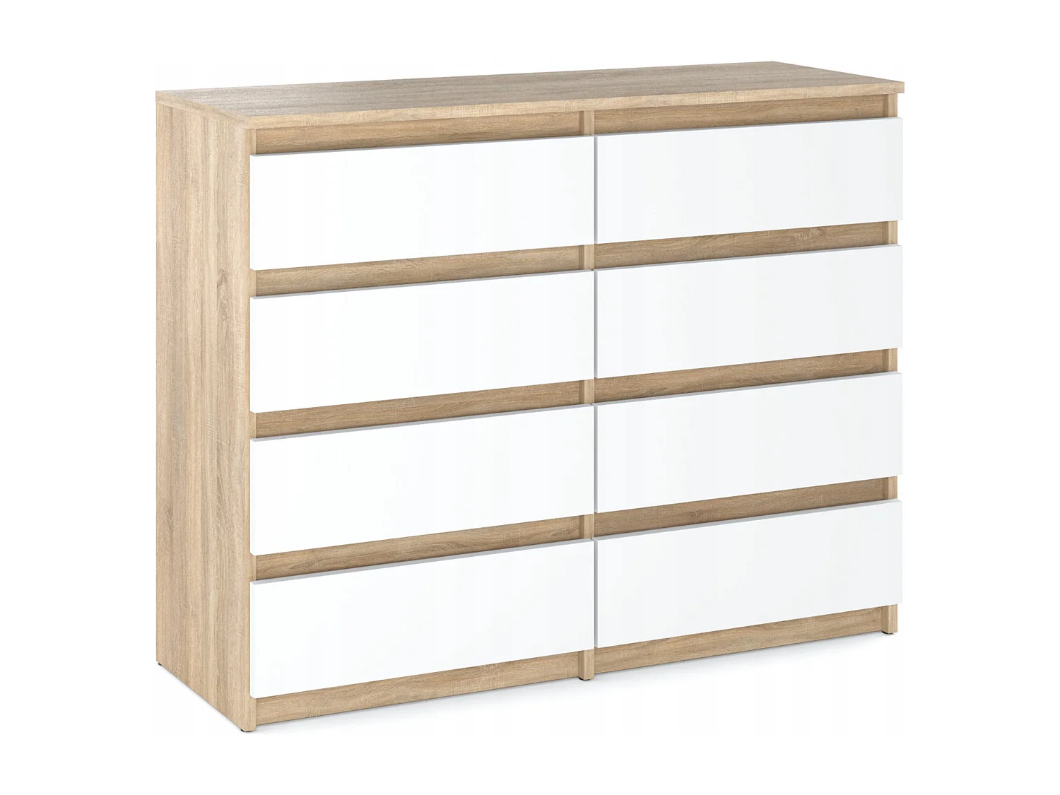 Commode moderne 120 cm Chêne Sonoma Blanc  avec 8 tiroirs – Grand meuble de rangement pour salon